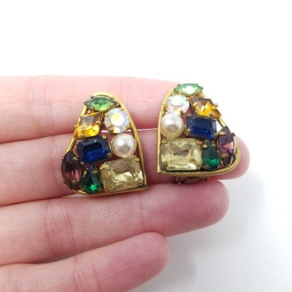 Vintage Rhinestone Cluster Clip On Earrings, Made in Germany US Zone, Colorful - Picture 7 of 7